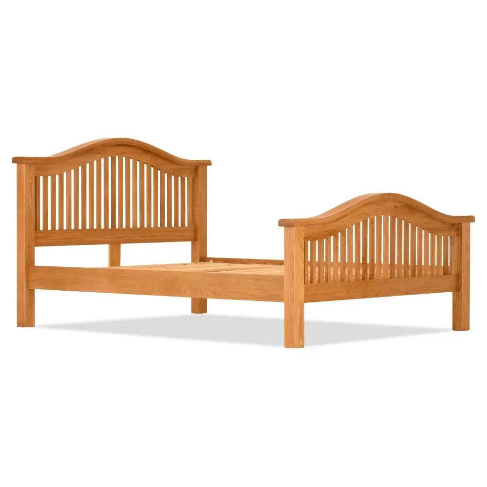 6ft curved wooden bed frame with slatted headboard and footboard, oak finish