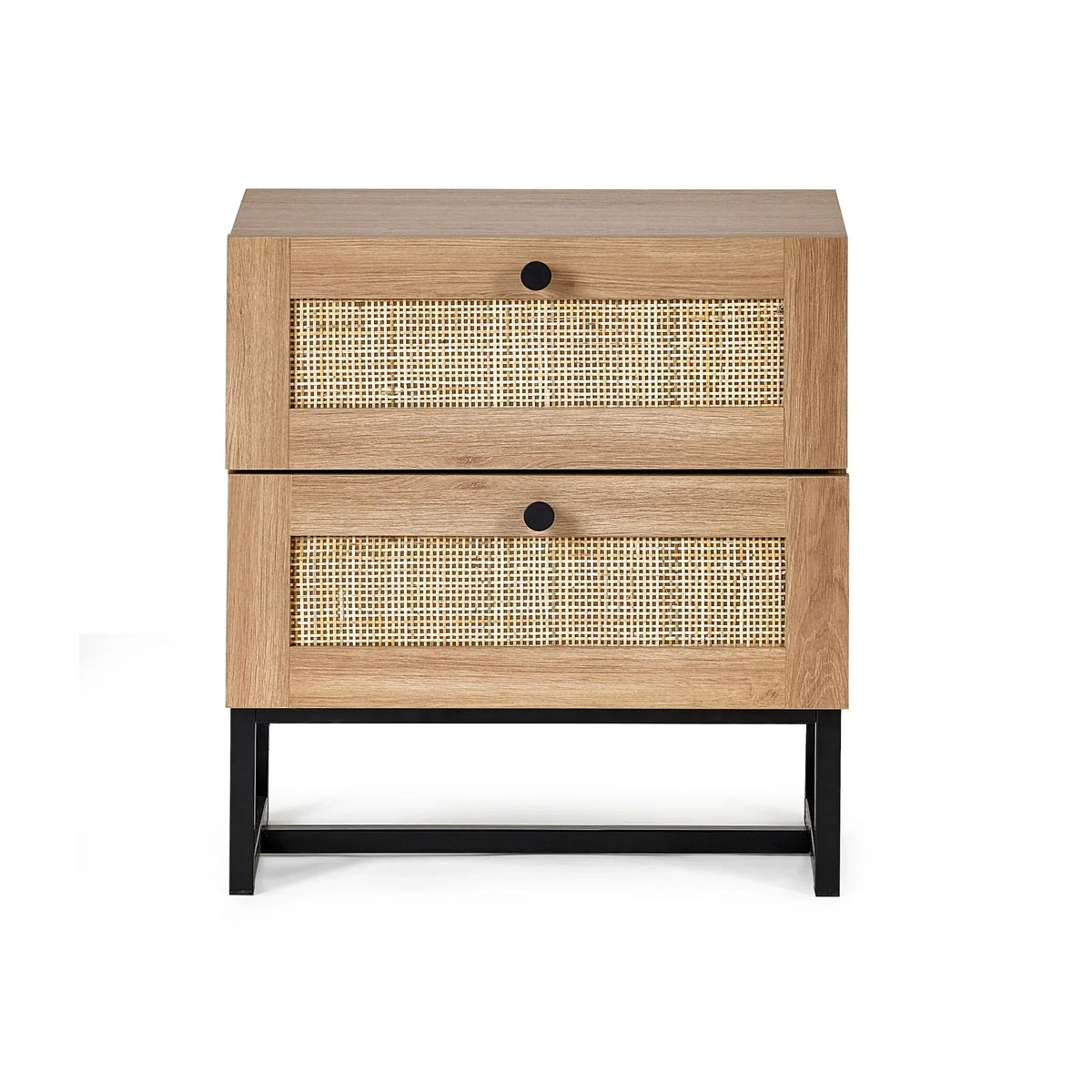 Oak bedside table with two drawers, rattan fronts and black metal legs, front view