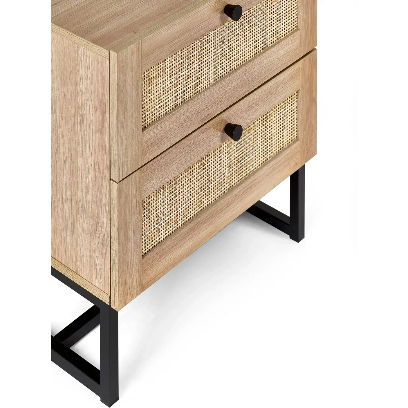 Oak bedside table with two rattan drawers and black metal legs, detail close view