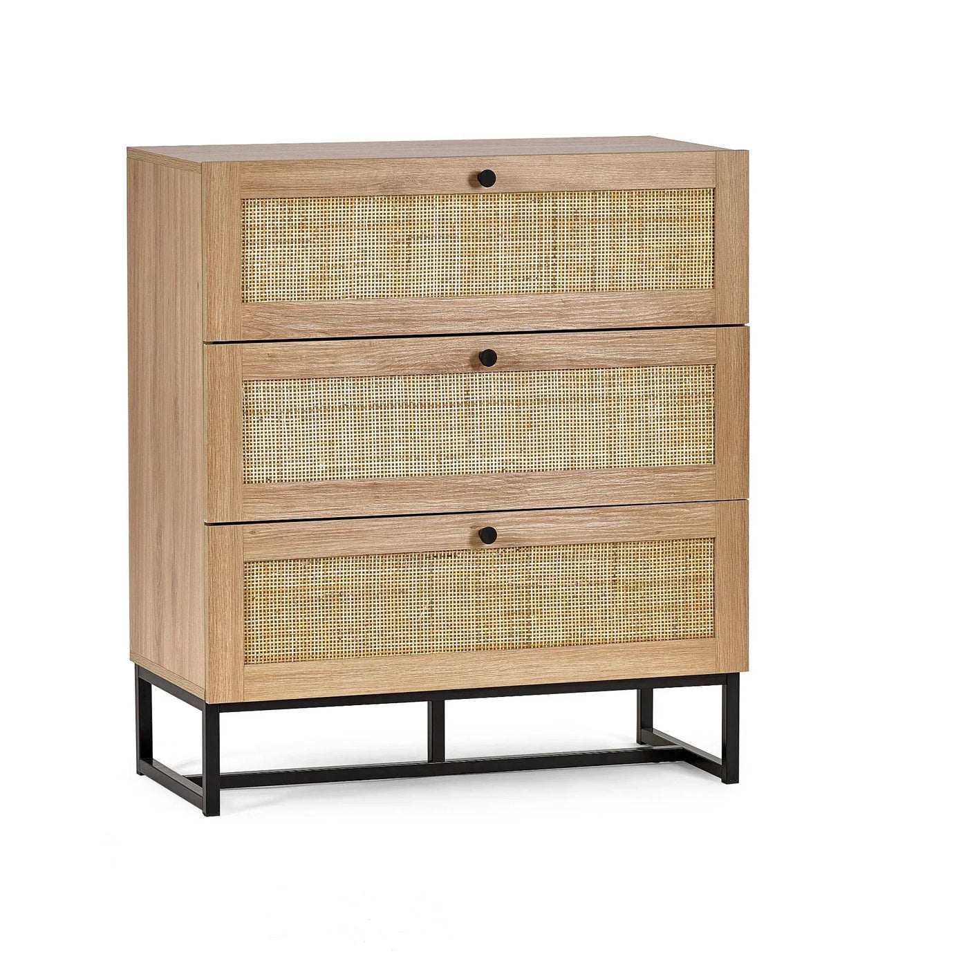 Oak three drawer chest with woven rattan fronts and black metal legs