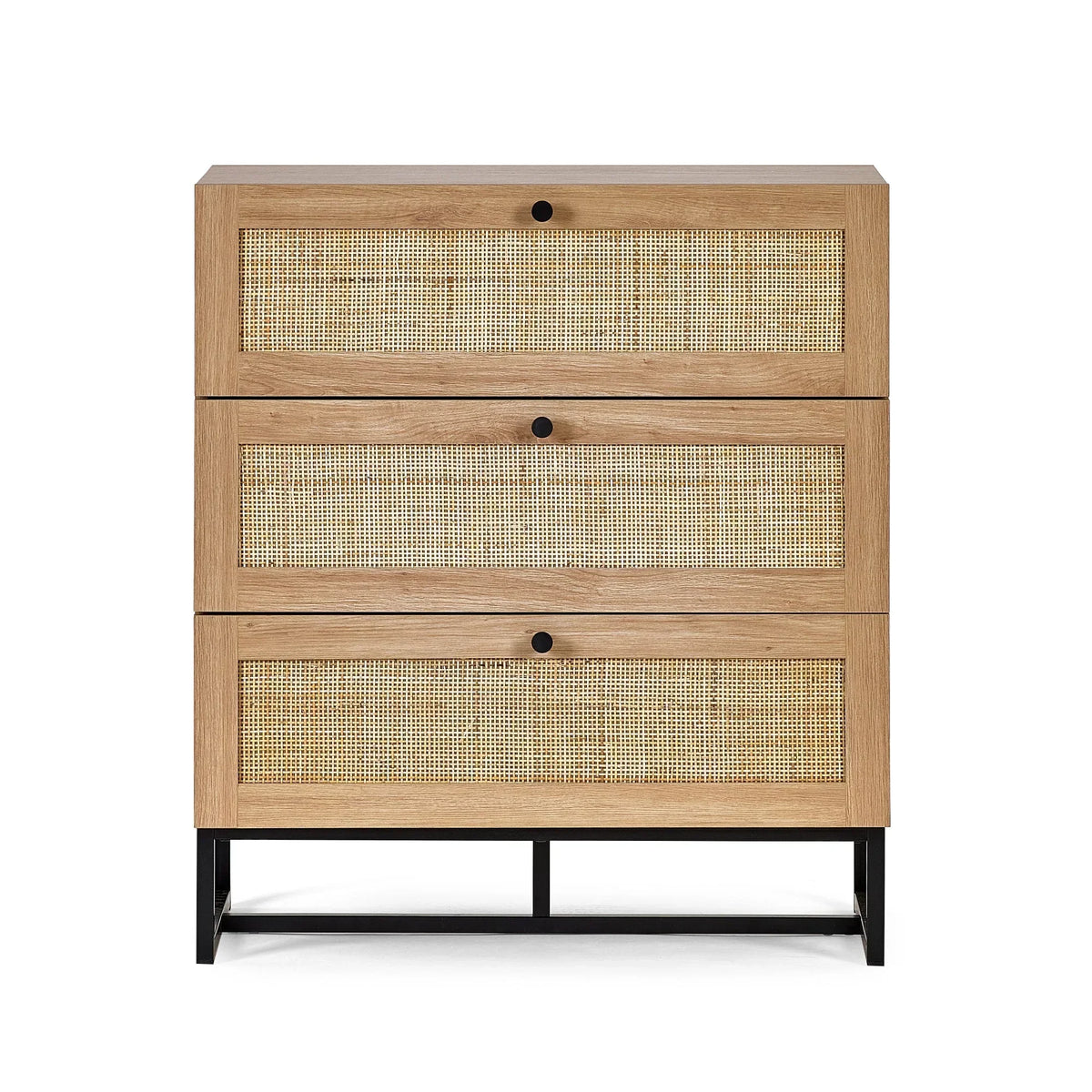 Oak 3 drawer chest with cane fronts and black metal legs, front view