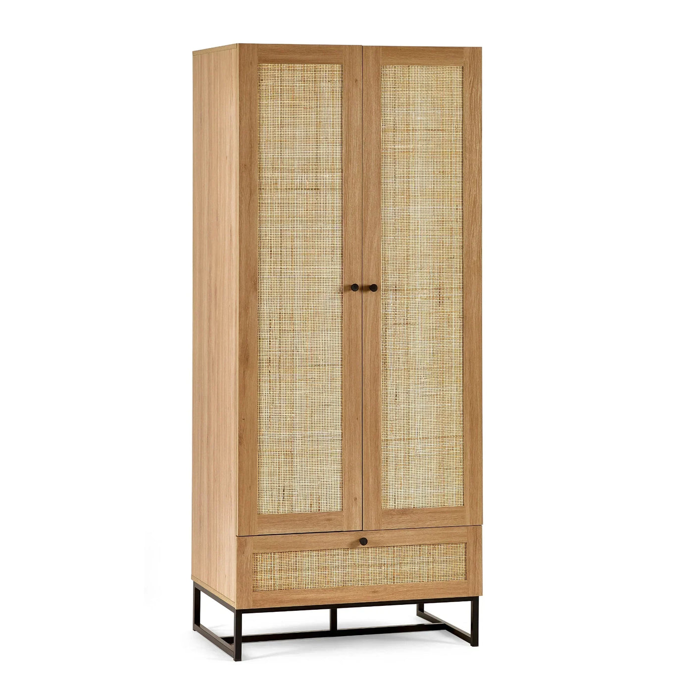 Oak wardrobe with rattan doors and drawer, black metal legs, front angle view