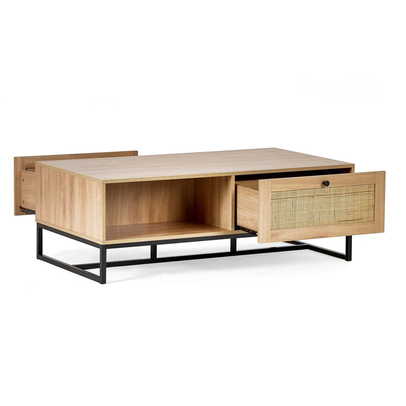 Oak coffee table with open storage, wicker drawers and black metal frame