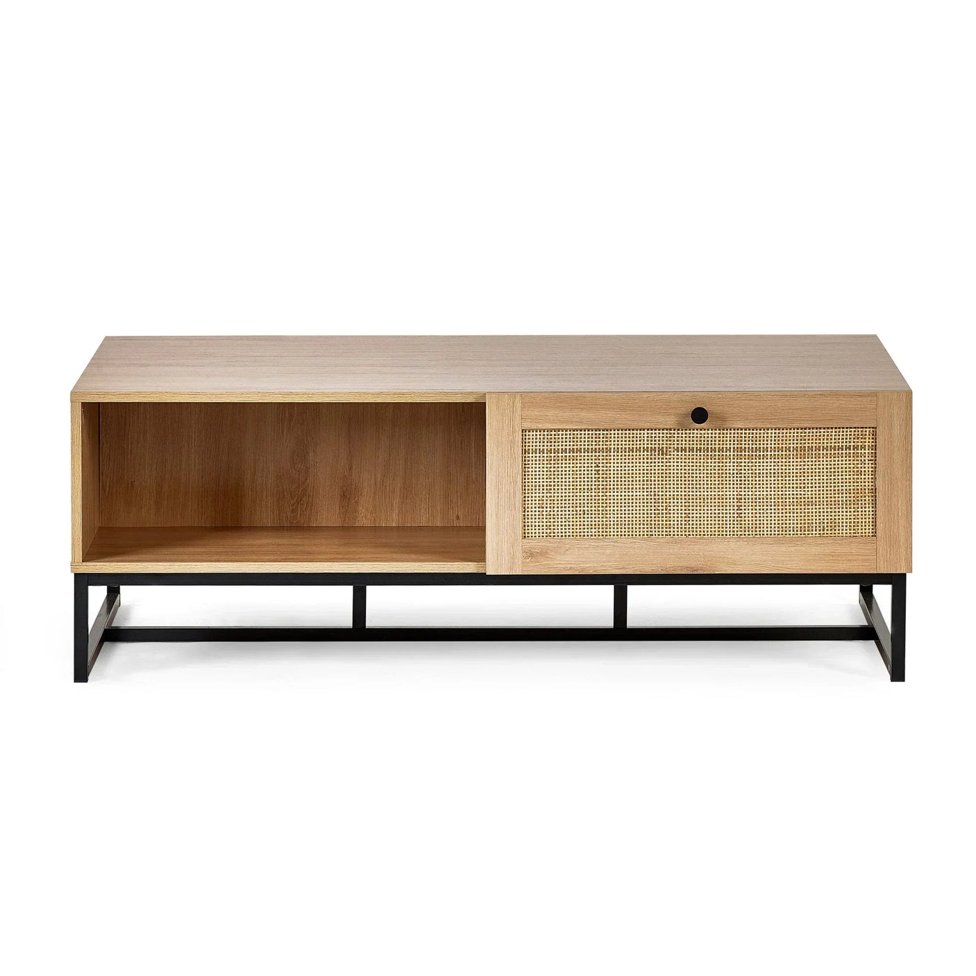 Oak coffee table with open shelf, rattan drawer and black metal frame, front view