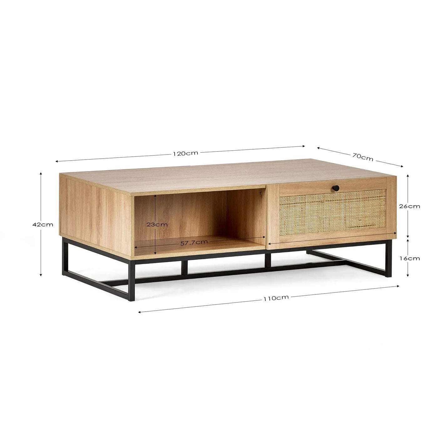 Wooden coffee table with black metal legs, open shelf, rattan drawer, and visible dimensions