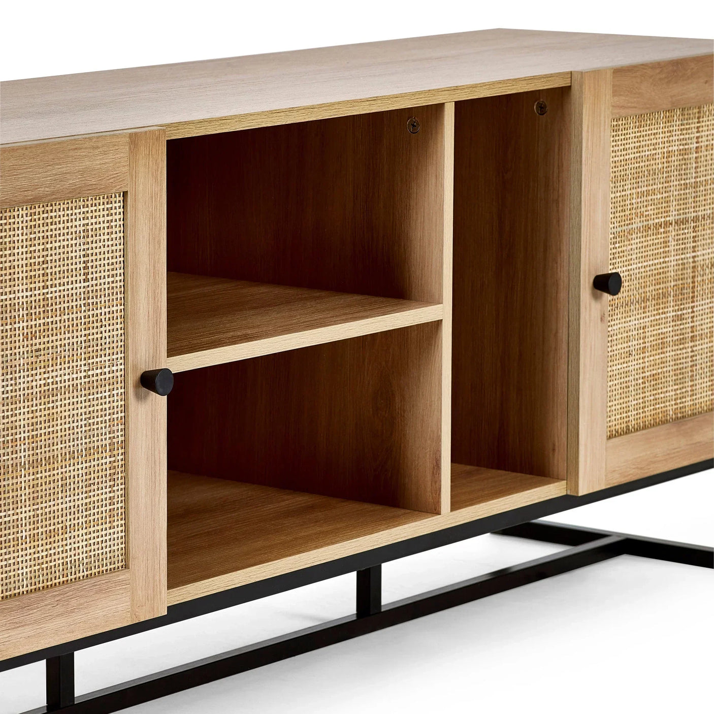 Wooden sideboard with rattan doors, open shelves and black metal legs
