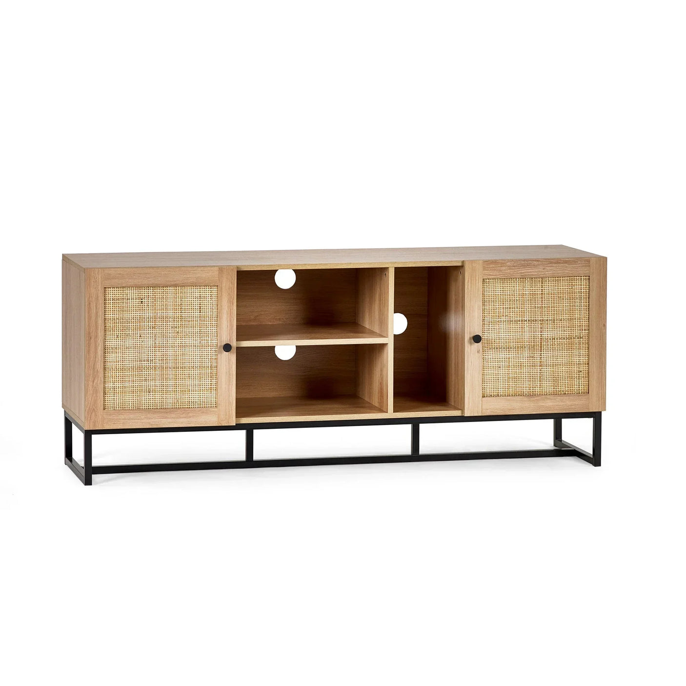 Natural wood TV unit with cane doors, open shelving, and black metal frame