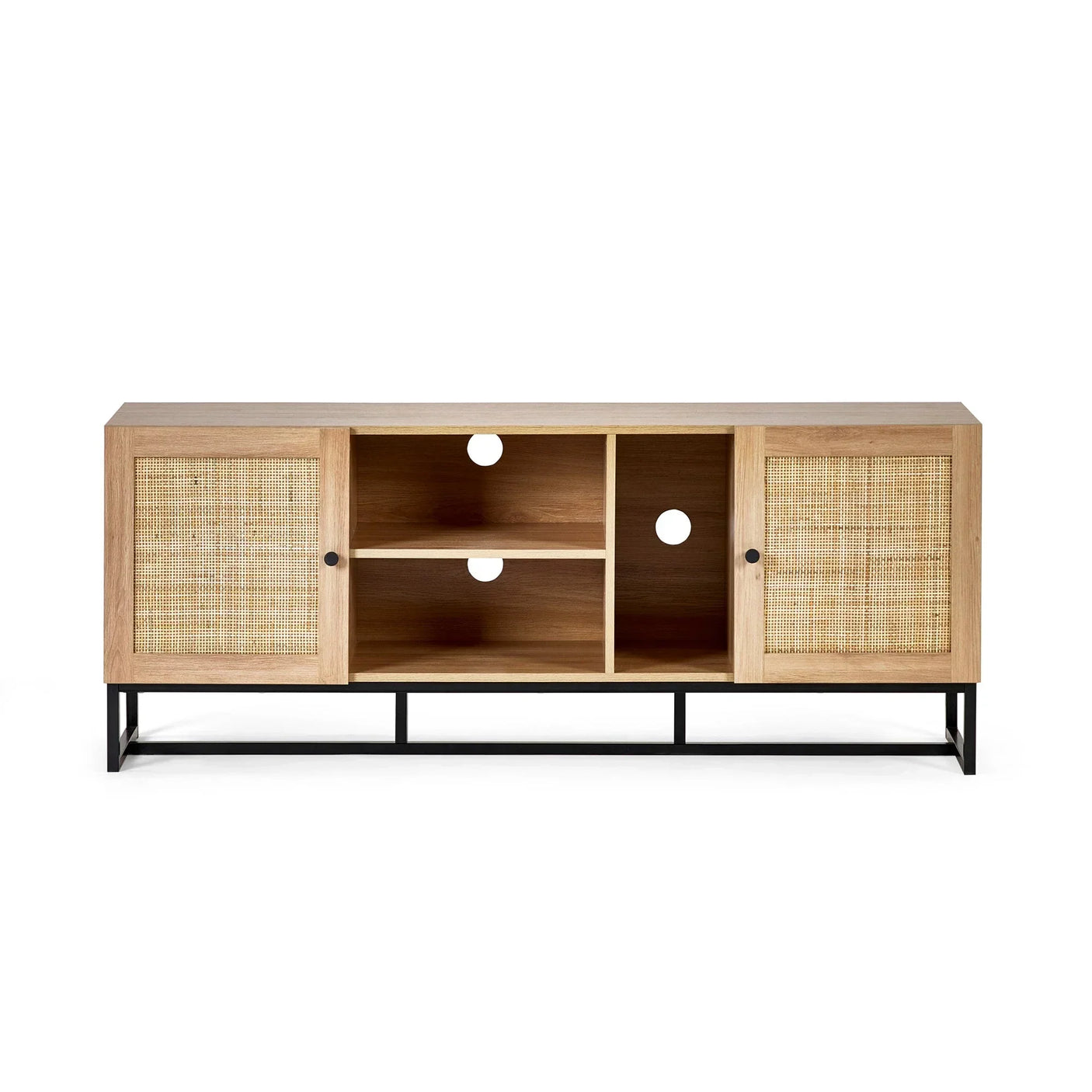 Wooden TV unit with rattan doors, open shelving, and black metal legs