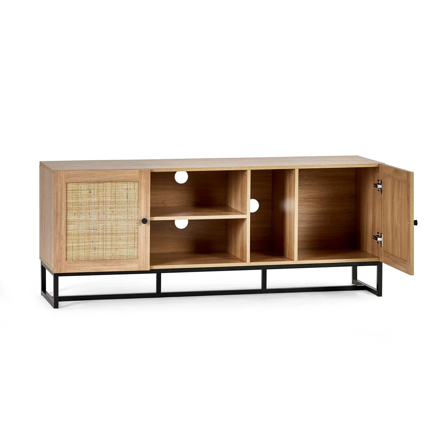Oak TV unit with open shelving, rattan door, black metal base, and cable management holes