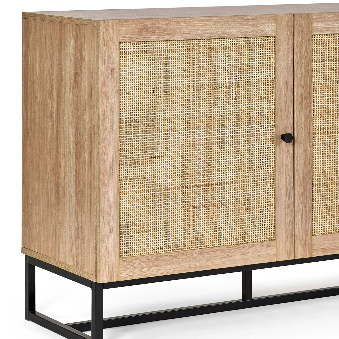 Oak sideboard with cane doors and black metal base, partial front angle view