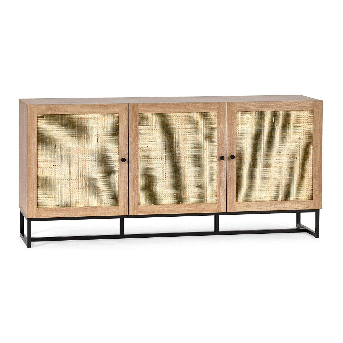 Wooden sideboard with three rattan doors and black metal base
