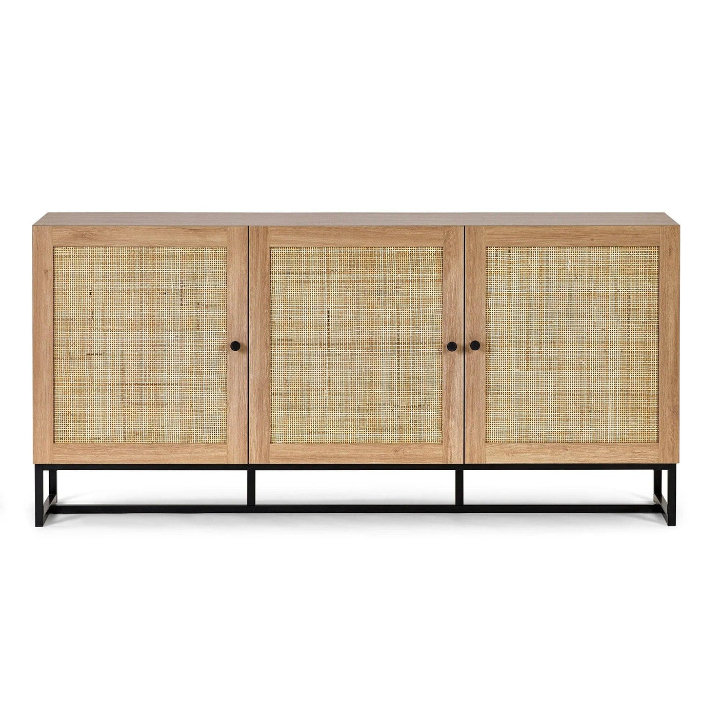 Wood sideboard with three rattan doors and black metal legs, front view