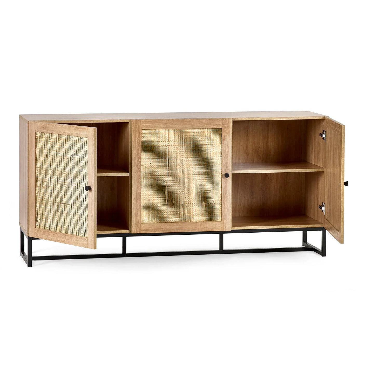 Oak sideboard with woven rattan doors, black metal legs and adjustable interior shelves
