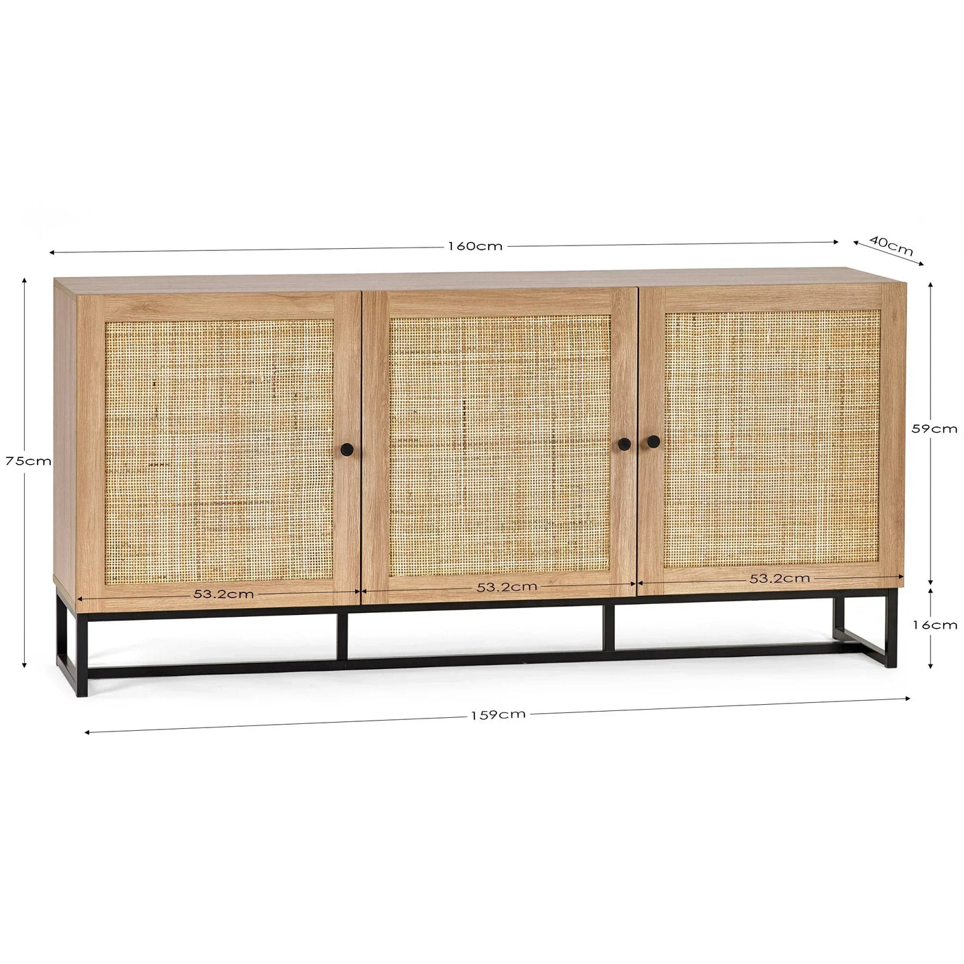 Wood sideboard with three rattan doors, black metal base, and visible size measurements