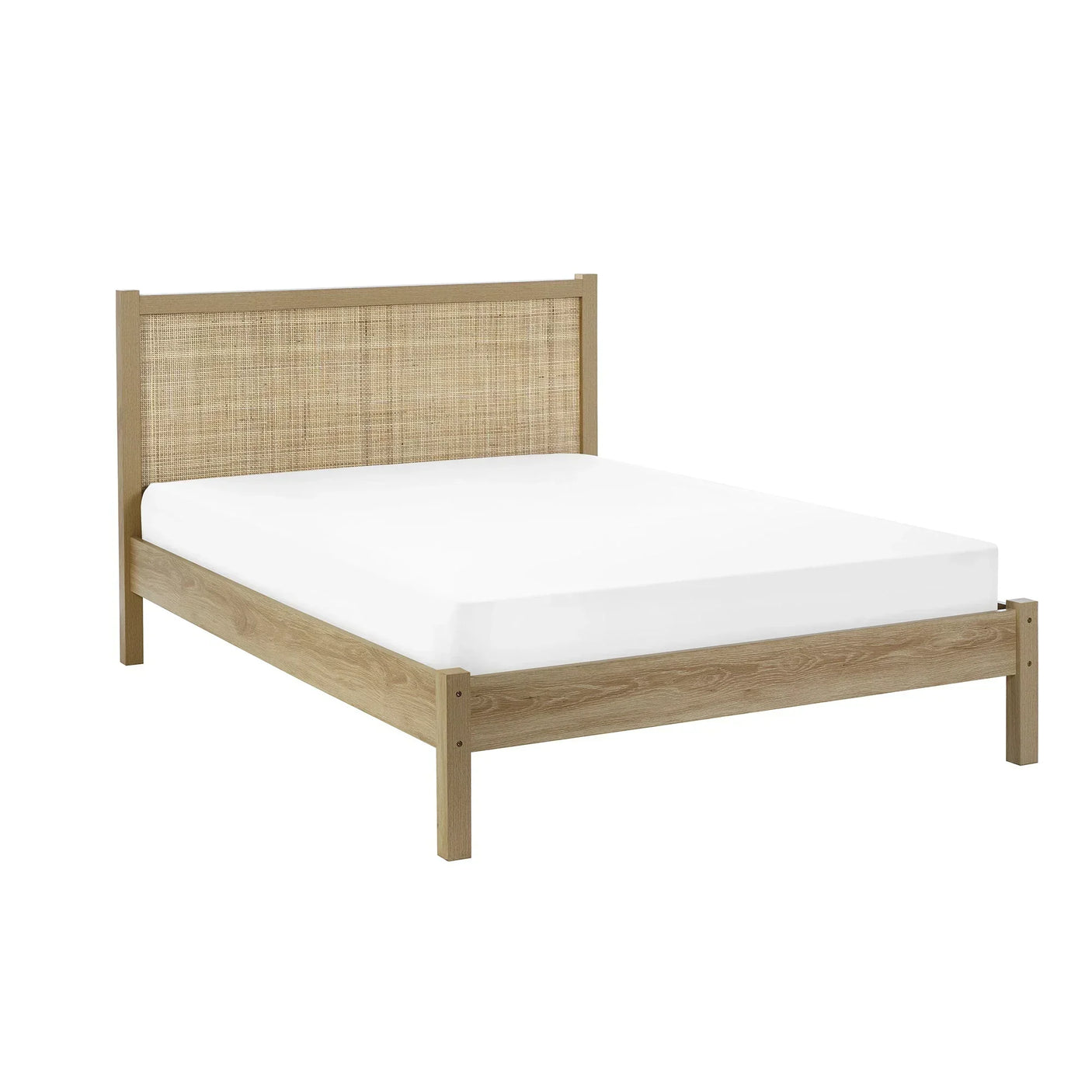 Oak rattan double bed frame with natural wood finish and woven headboard, side angle view