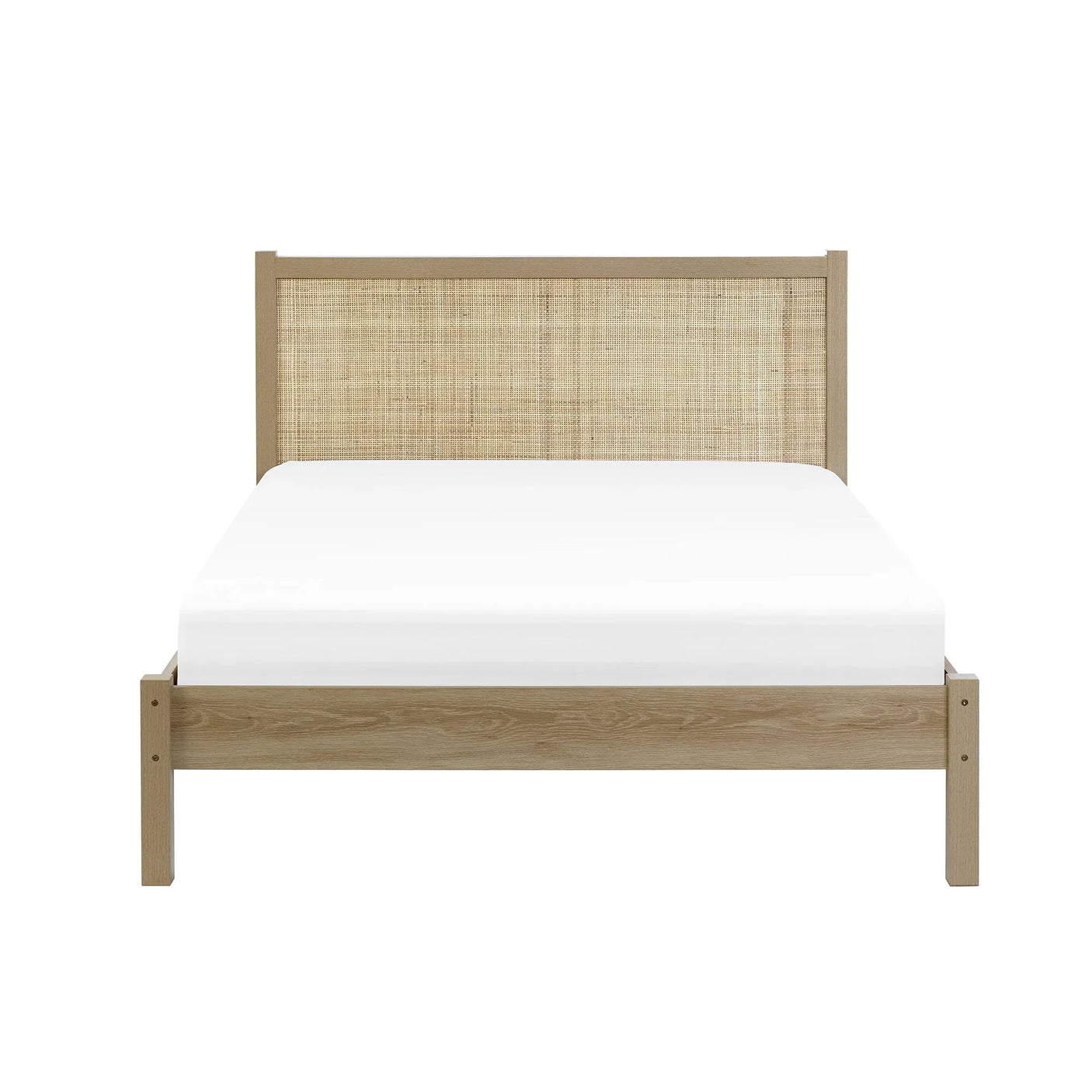Oak rattan double bed frame with woven headboard and white mattress, front view