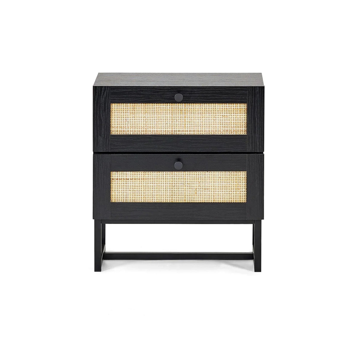 Black two drawer bedside table with rattan drawer fronts and metal legs front view