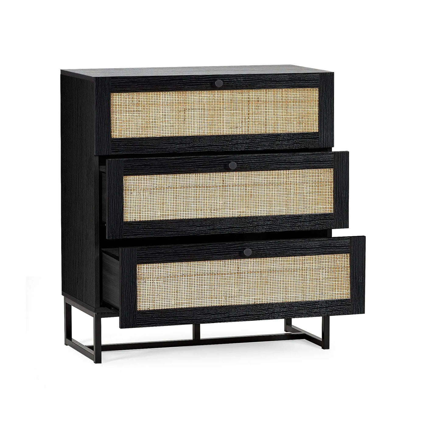 Black three drawer chest with rattan fronts and metal legs, two drawers open