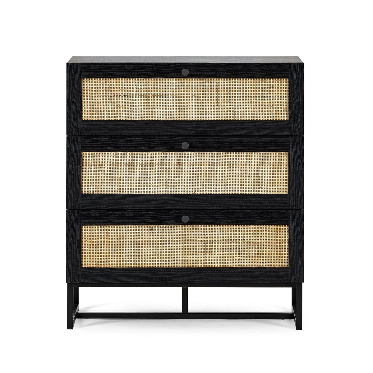 Black three drawer chest with natural rattan fronts and metal legs, cutout view