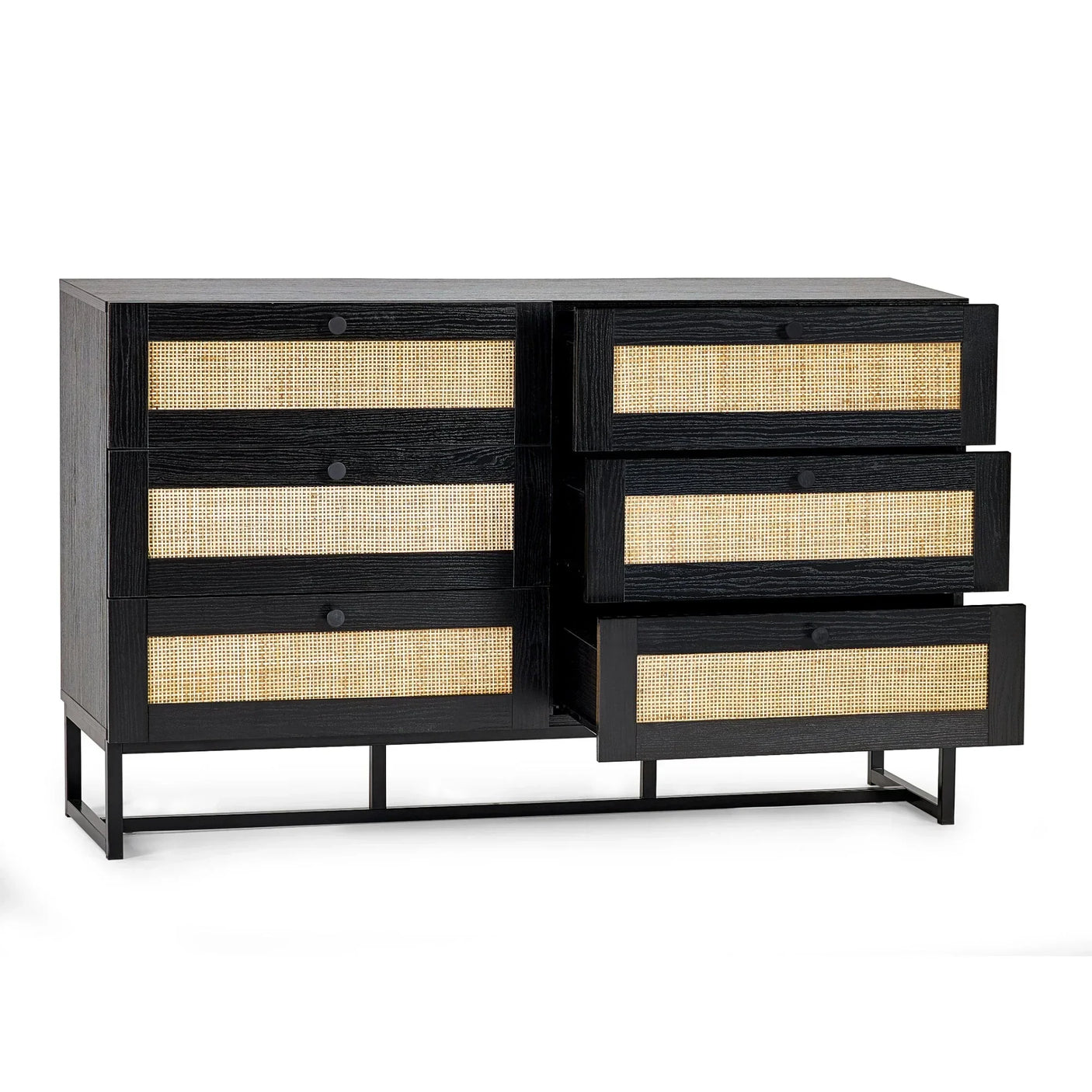 Black 6 drawer chest with rattan fronts, three drawers shown open, modern metal legs