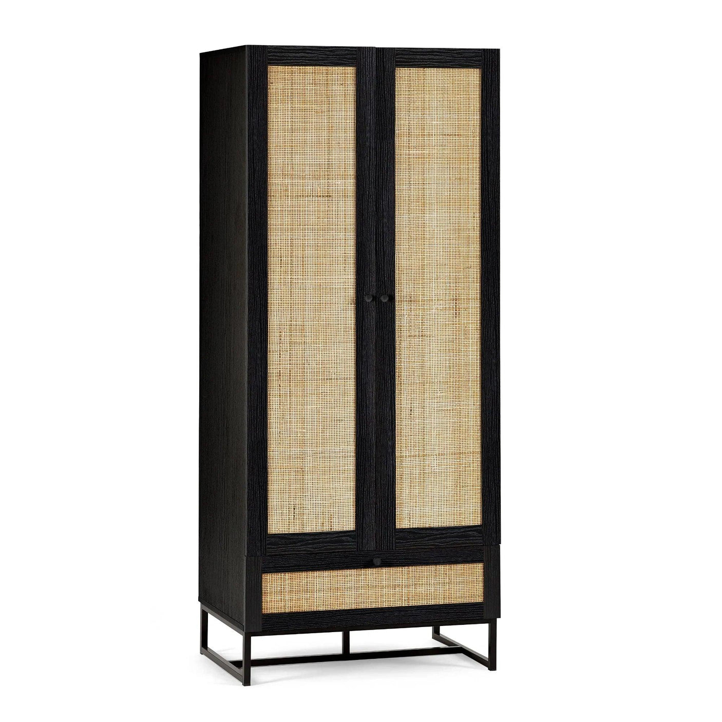 Black wardrobe with rattan doors and base drawer on metal legs, front angle view