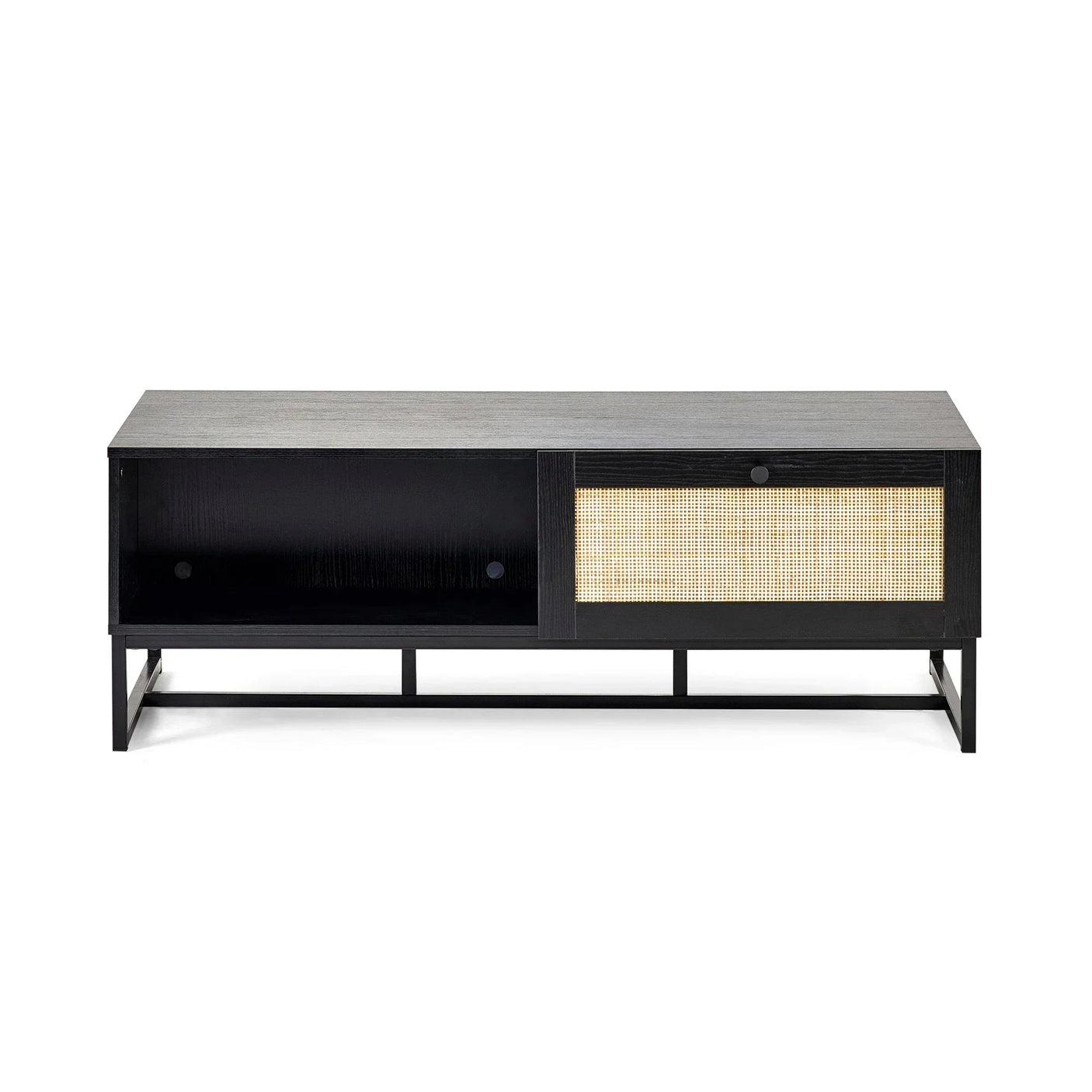 Black wood TV unit with open shelf and rattan sliding door front on metal frame