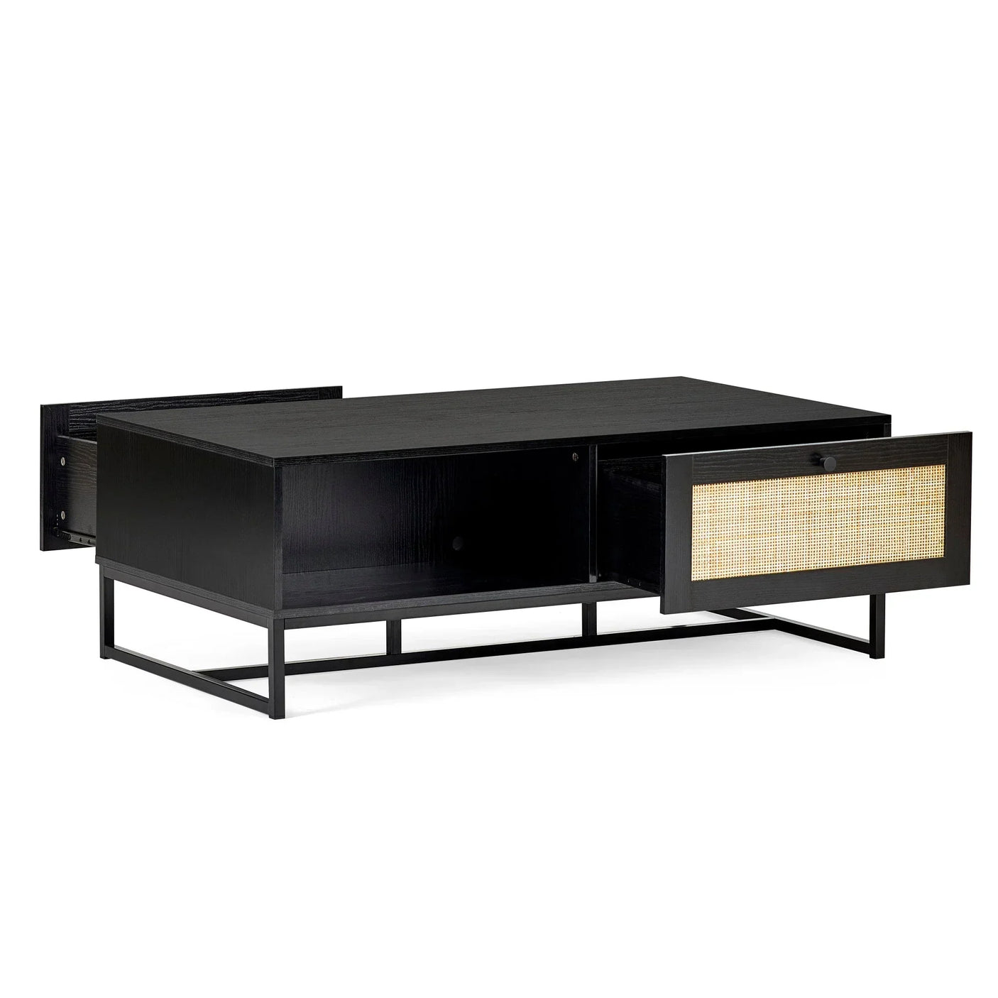 Black wood coffee table with open storage drawers and cane front panel on metal base