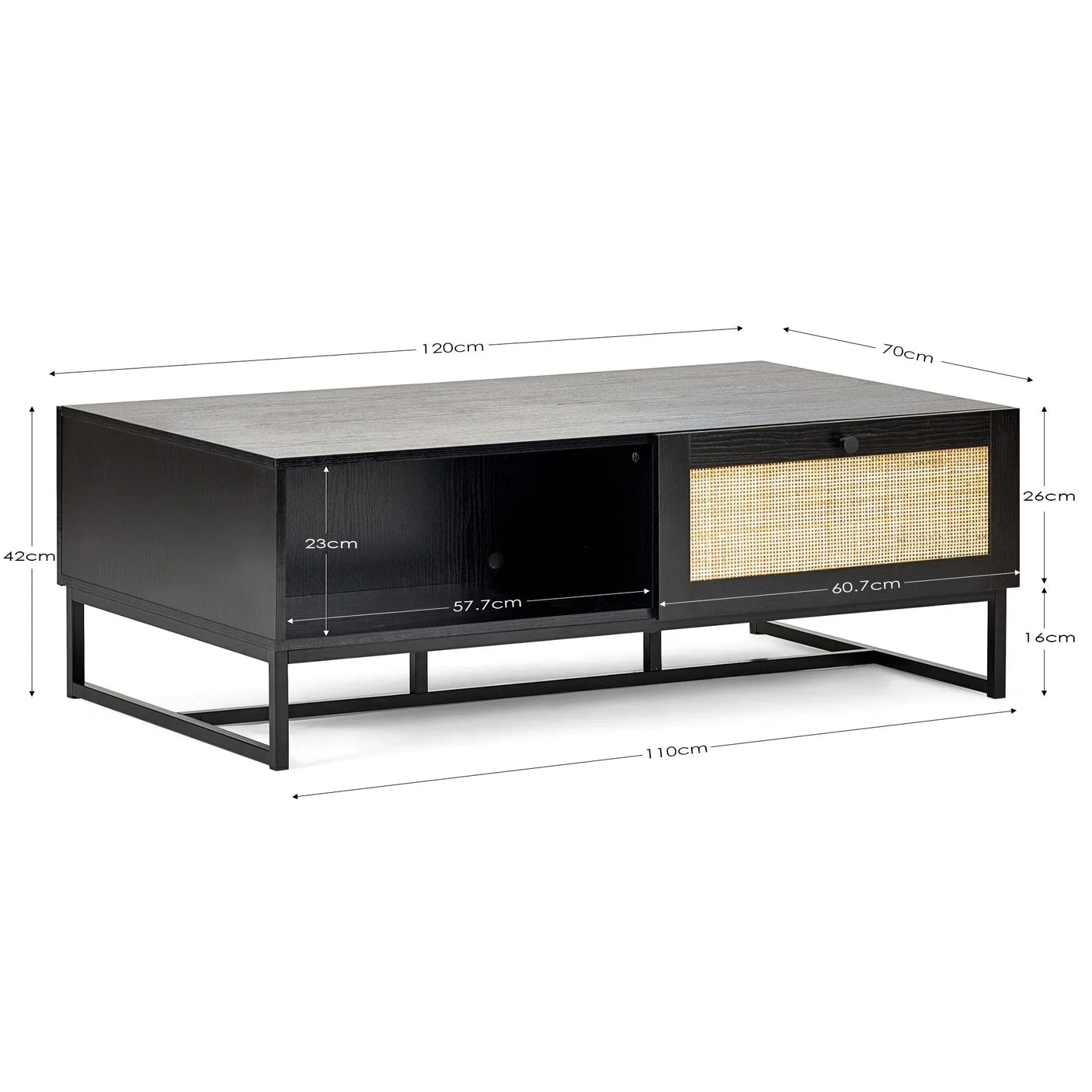 Black wood coffee table with rattan drawer, storage compartments, metal legs, and size dimensions