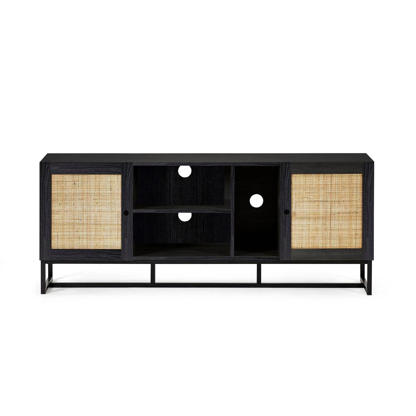 Black TV unit with rattan sliding doors, open shelves, and cable management holes