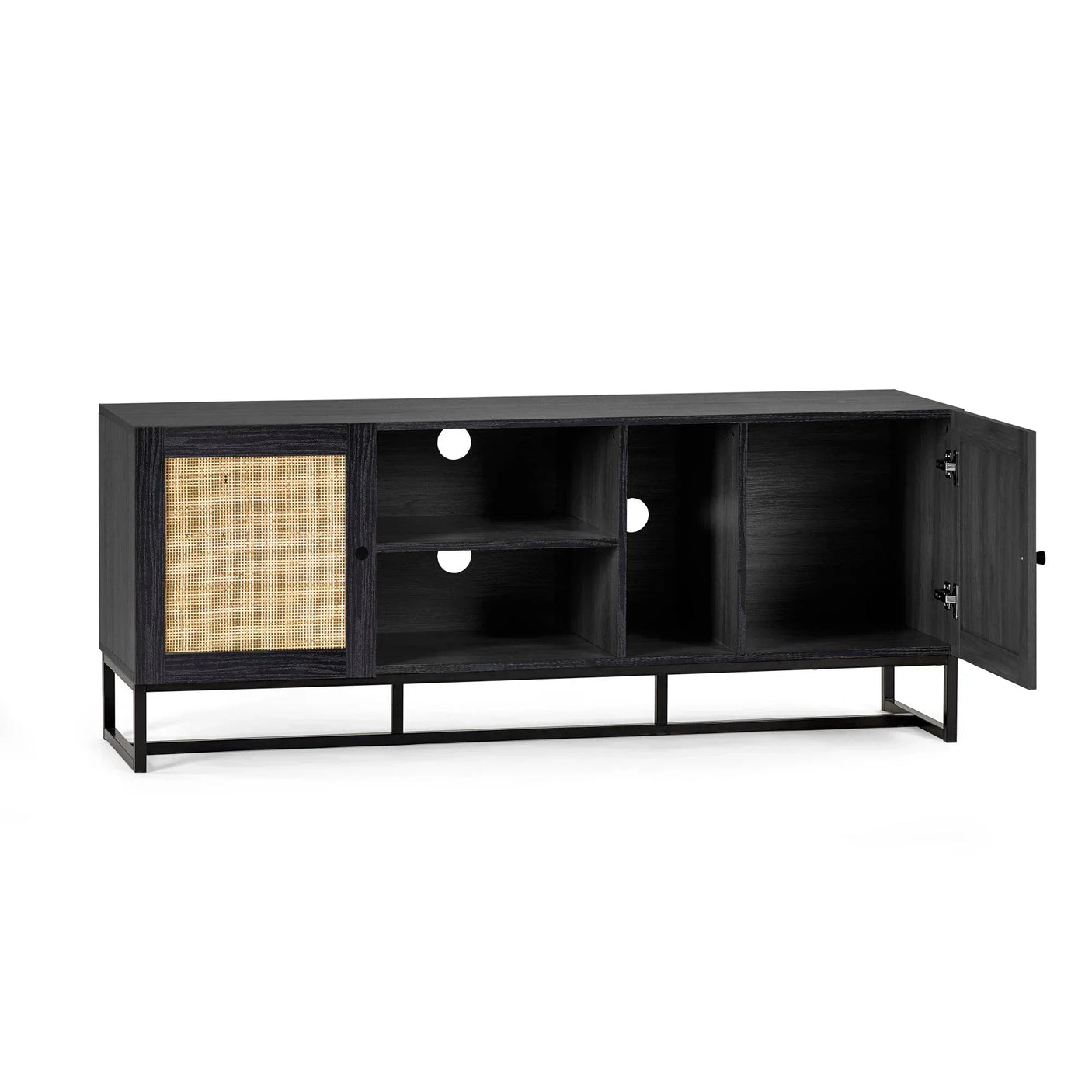 Black wood TV unit with rattan sliding door, open shelves, and open right cabinet door