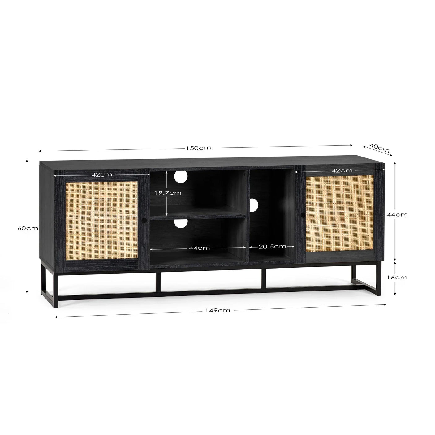 Black wood TV unit with rattan doors, open shelves, cable holes, size dimensions shown