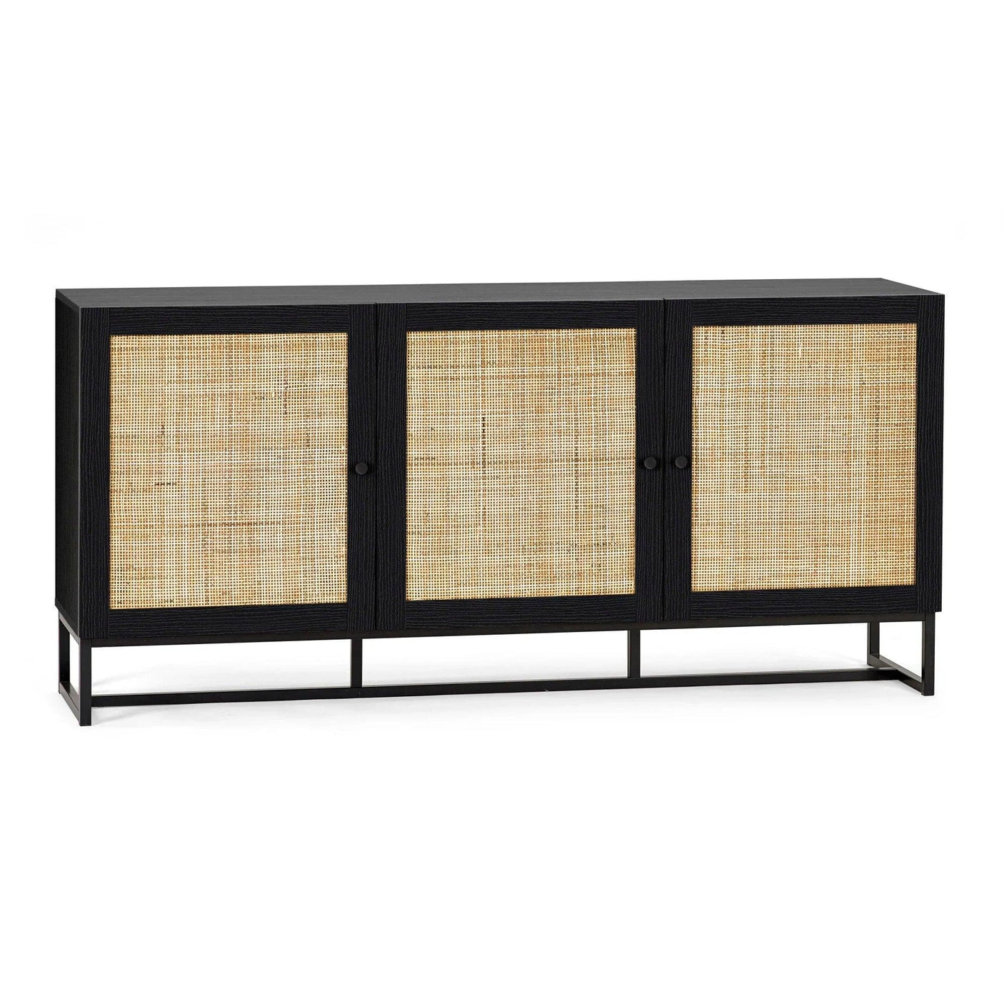 Black sideboard cabinet with three rattan panel doors and metal legs