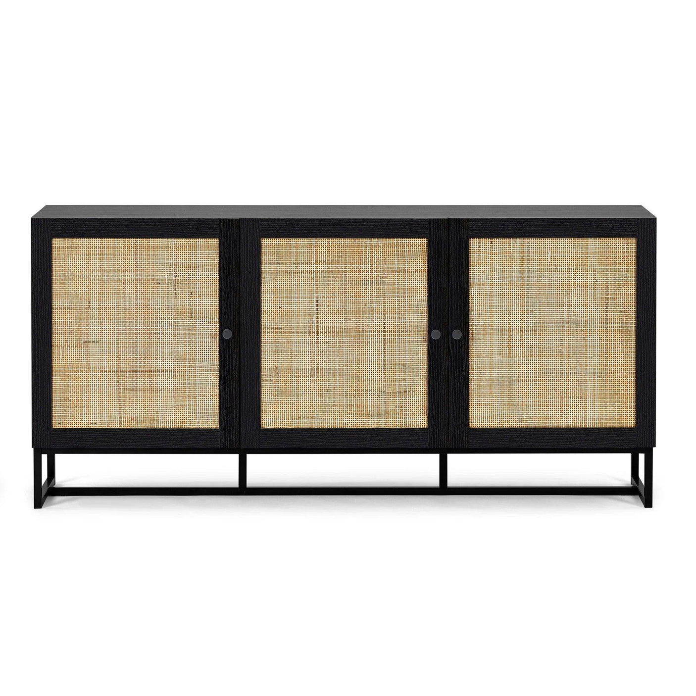Black sideboard with three rattan doors and slim metal legs, modern living room storage