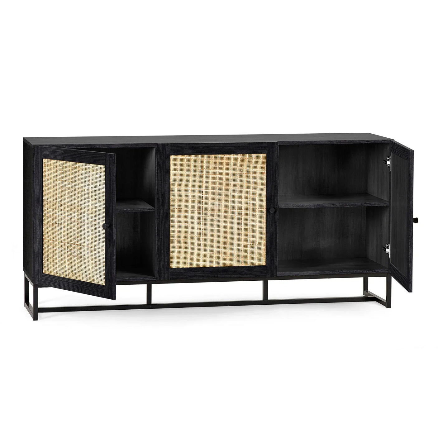 Black sideboard with natural rattan doors and metal frame, shelves visible, doors open
