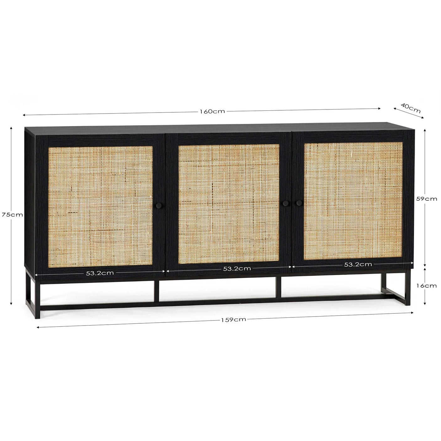 Black sideboard with rattan doors, metal frame and dimensions labeled in centimeters