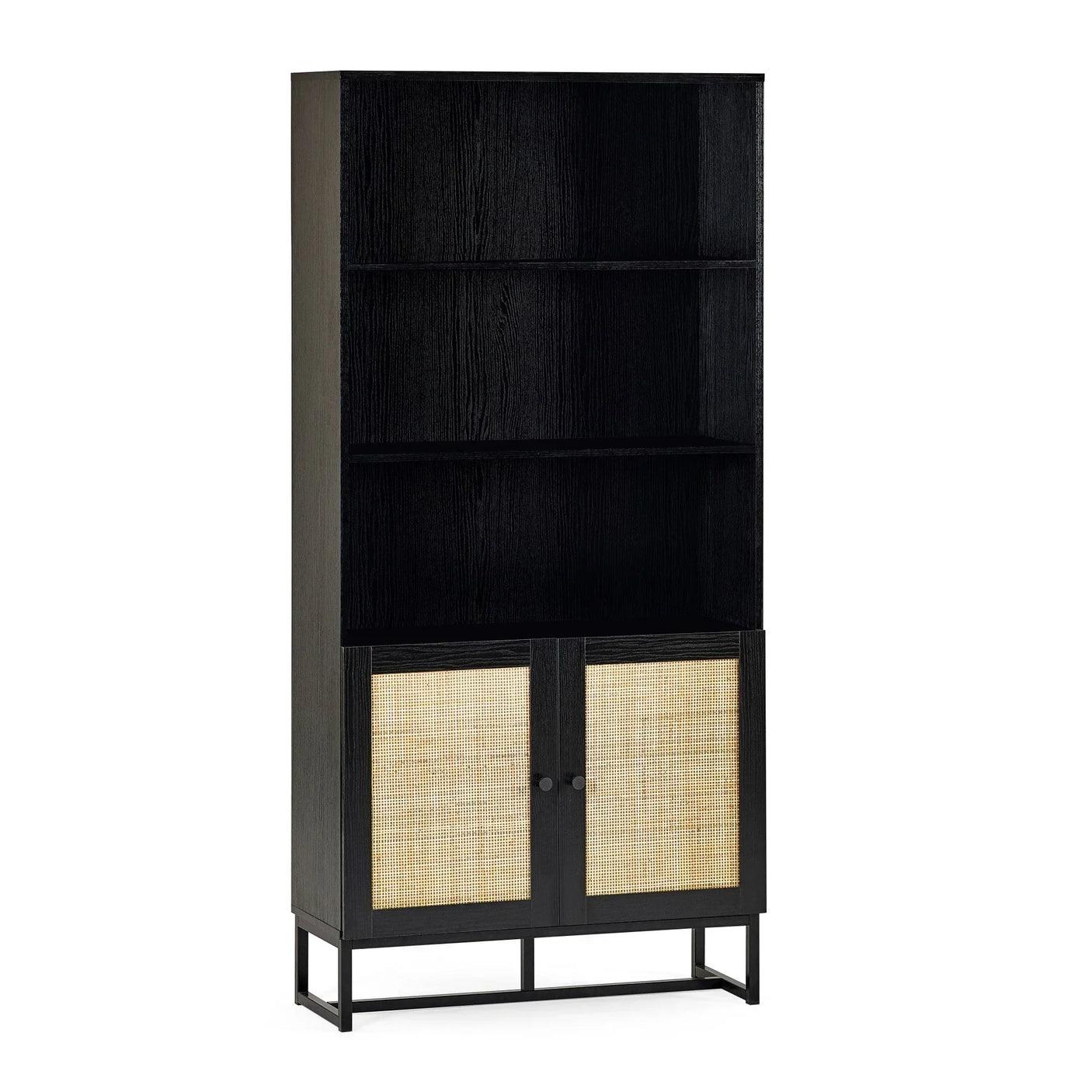 Black wood bookshelf with two rattan cabinet doors and open shelving, angled front view