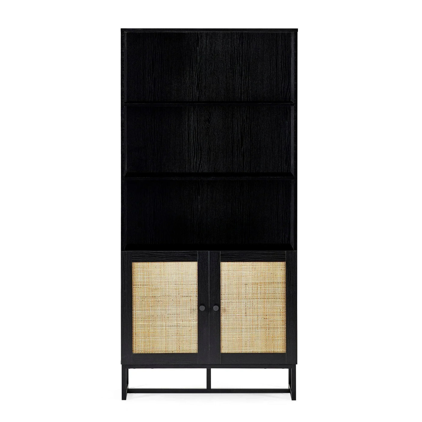 Black bookcase with open shelving and two cane front storage cabinet doors