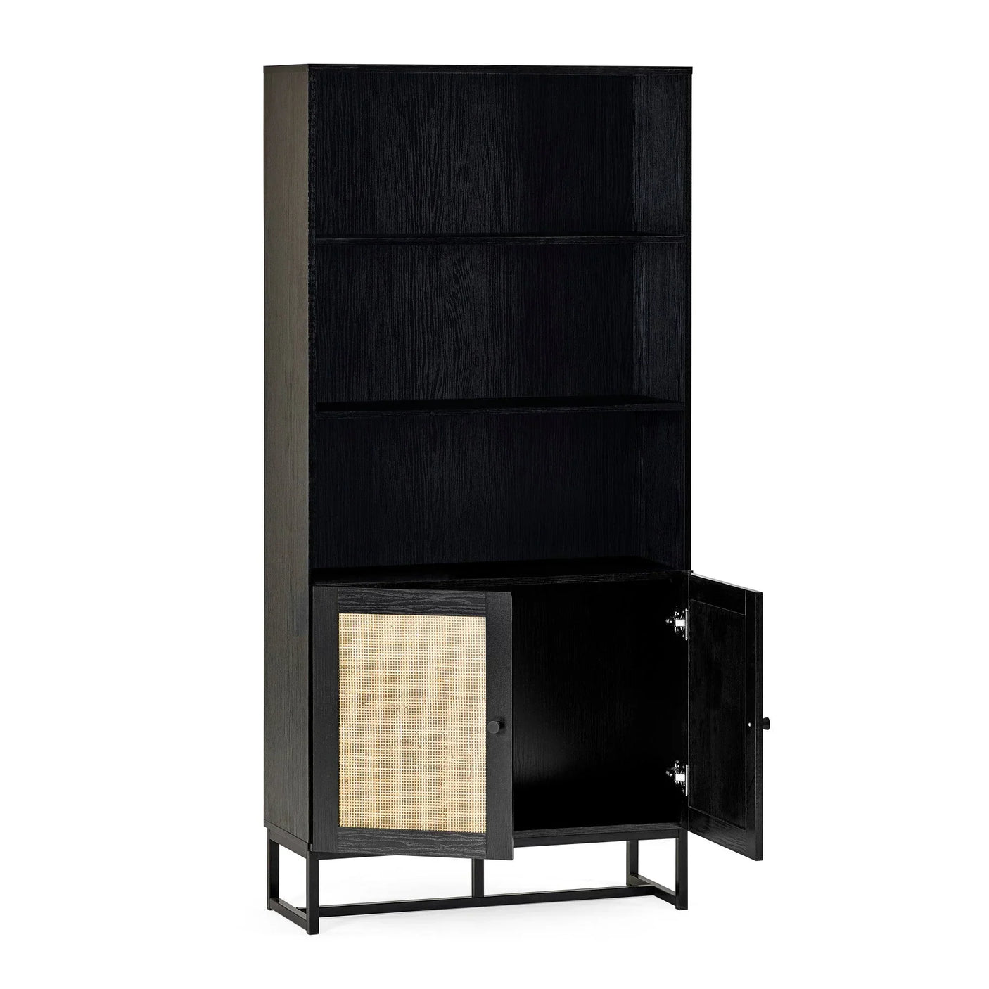 Black display cabinet with open lower doors and cane panel, three shelves above