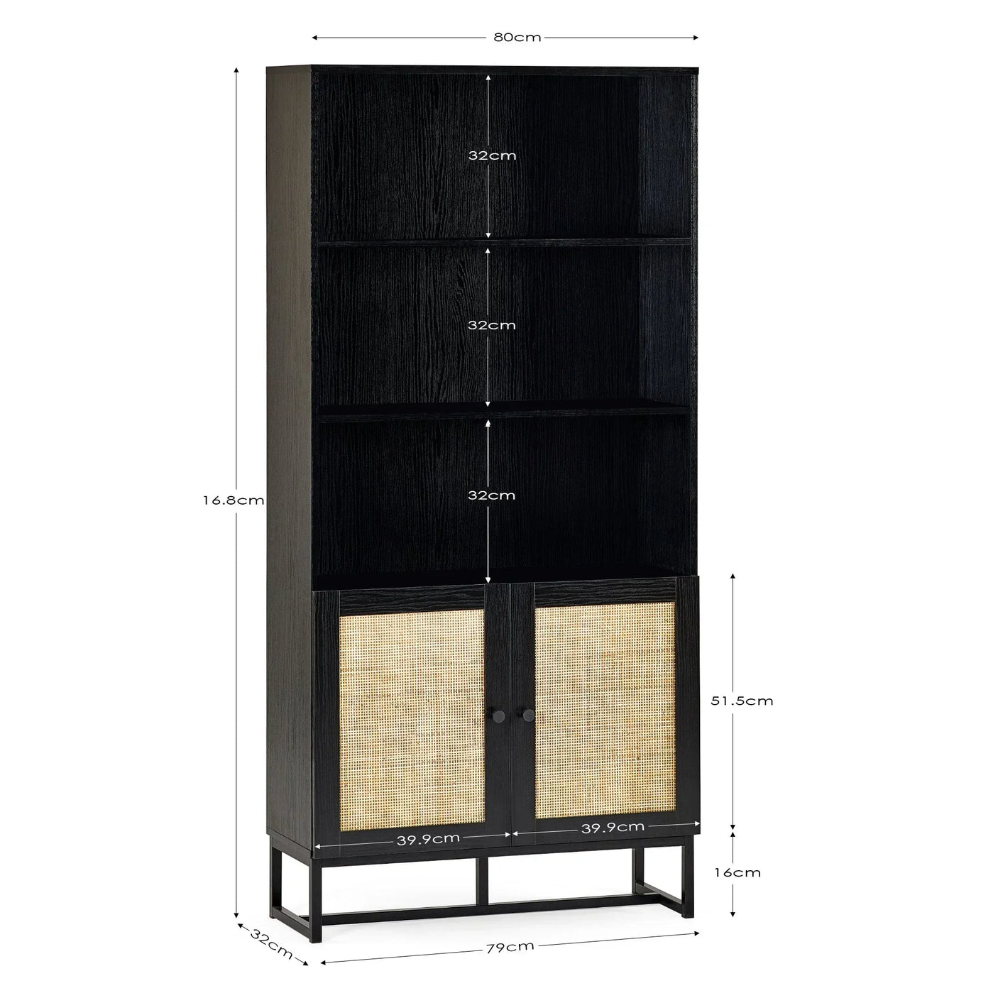 Black wood bookcase with three open shelves and rattan cabinet doors, shown with measurements