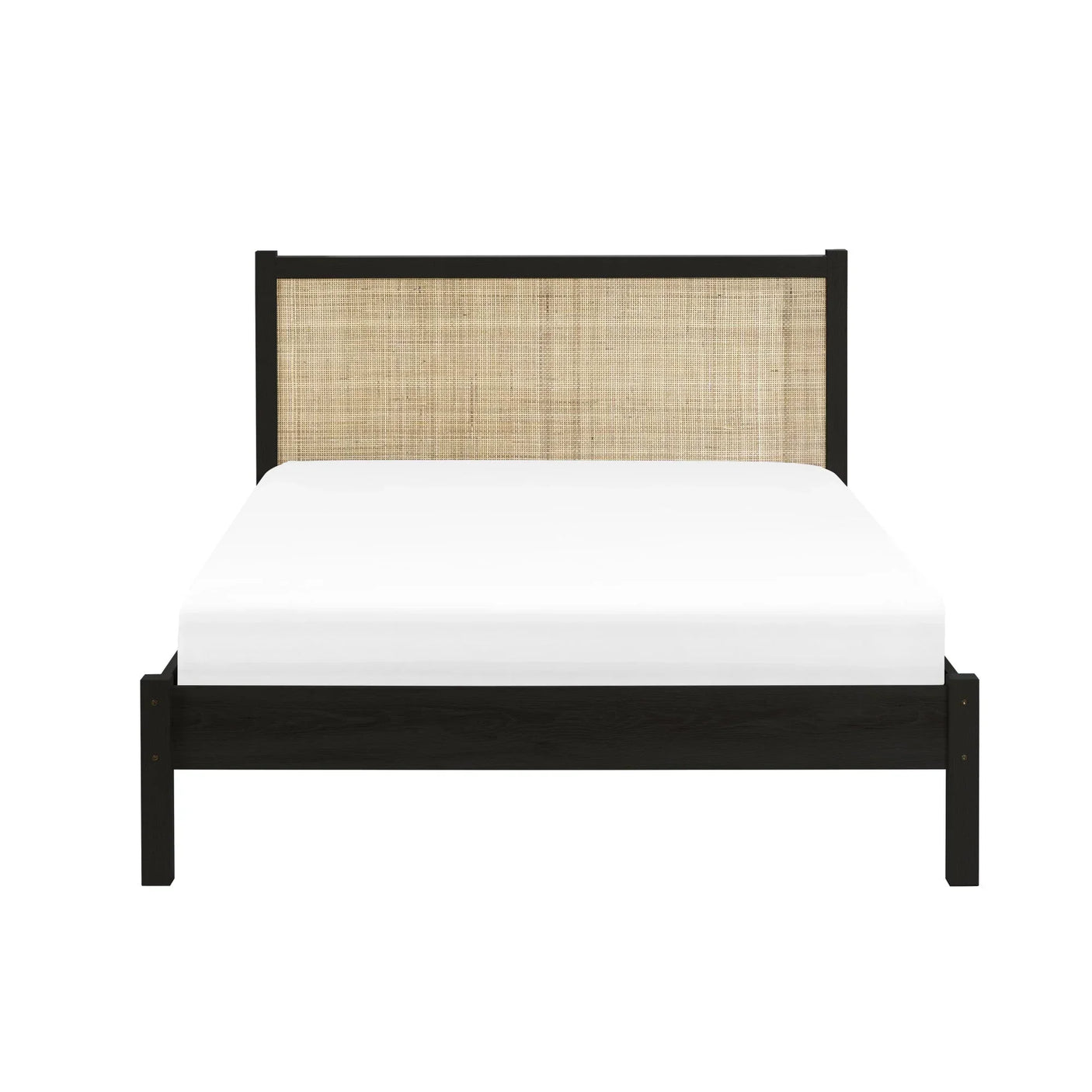 Black rattan double bed with natural woven headboard and minimalist frame, front view
