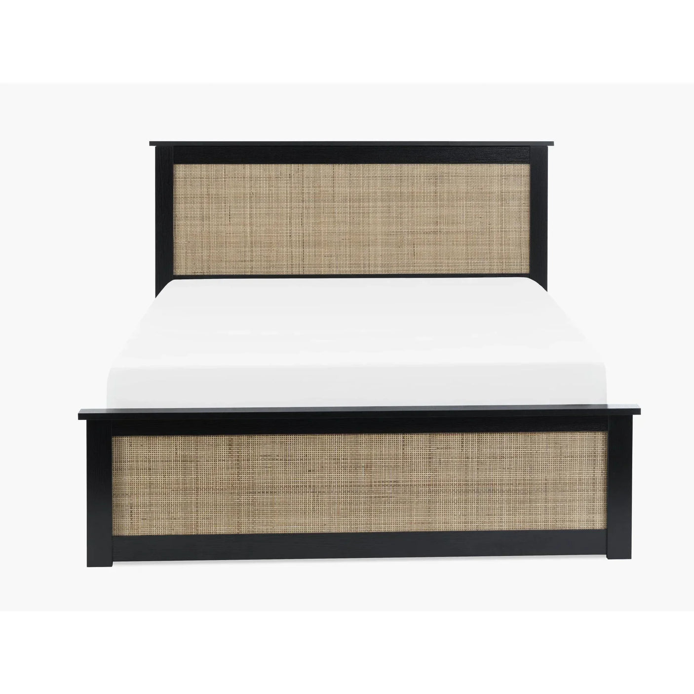 Black rattan ottoman bed frame with natural woven panels, viewed from the front