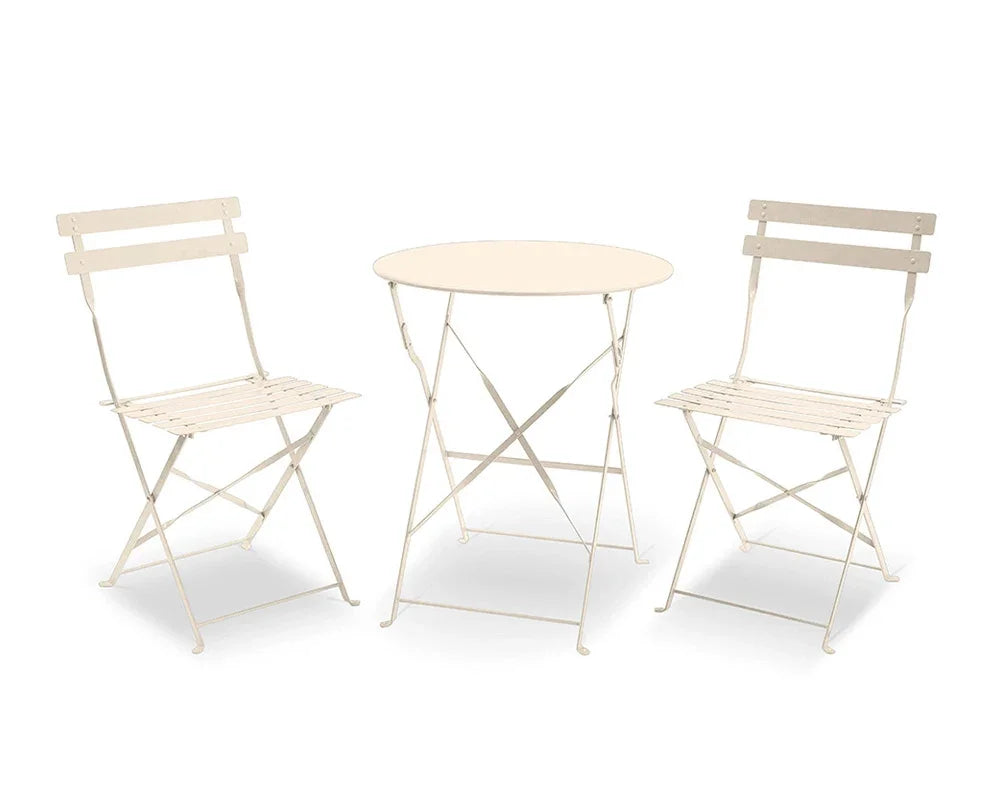 Champagne metal bistro set with round table and two folding slatted chairs