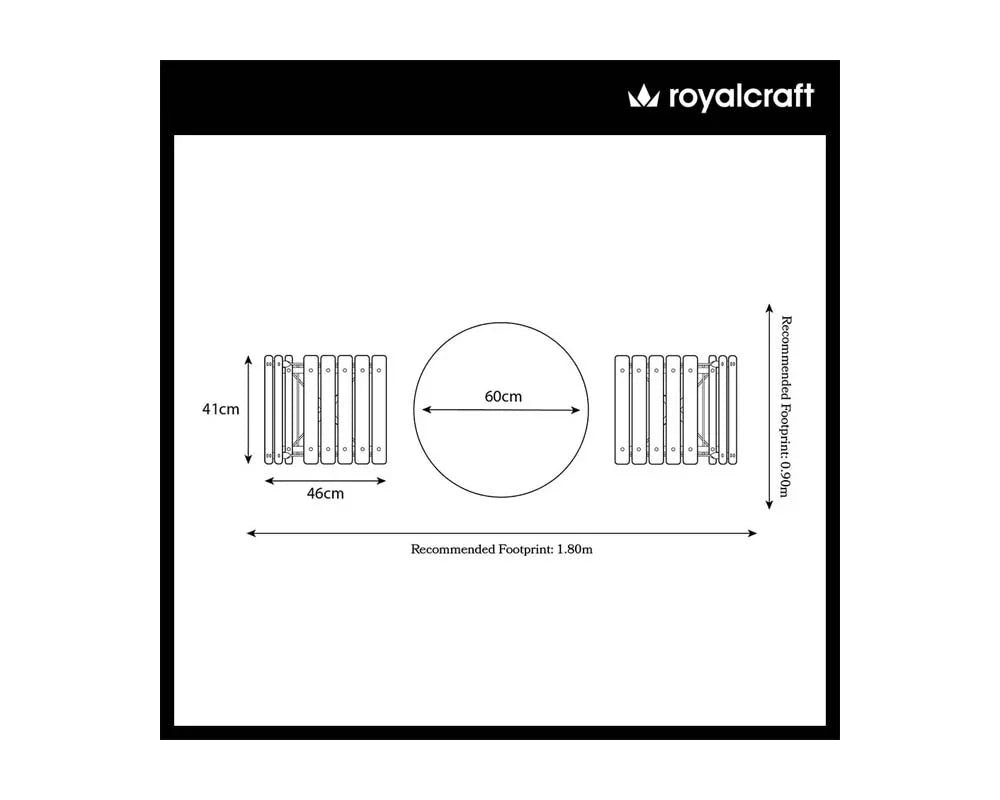 Round garden table and chair set dimensions with footprint 1.80m by 0.90m