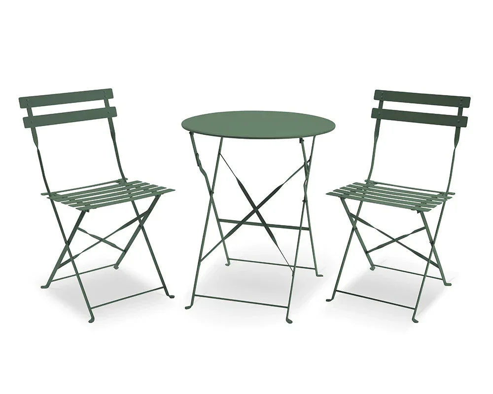 Olive green metal garden bistro set with round table and two folding chairs