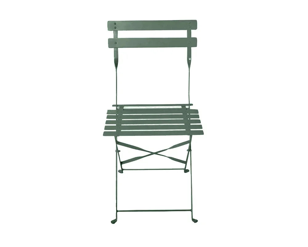 Olive green metal outdoor dining chair with slatted seat and back, foldable design
