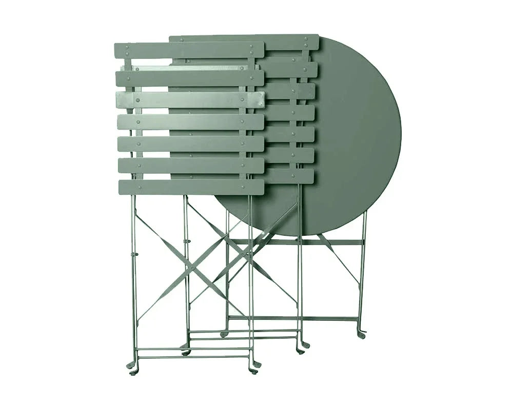 Olive green metal outdoor bistro set with slatted folding chairs and round table stacked