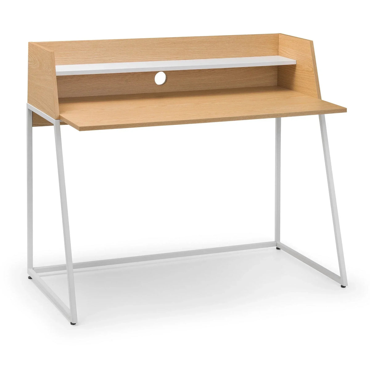 Oak effect desk with white metal legs and raised shelf, cable hole on back panel