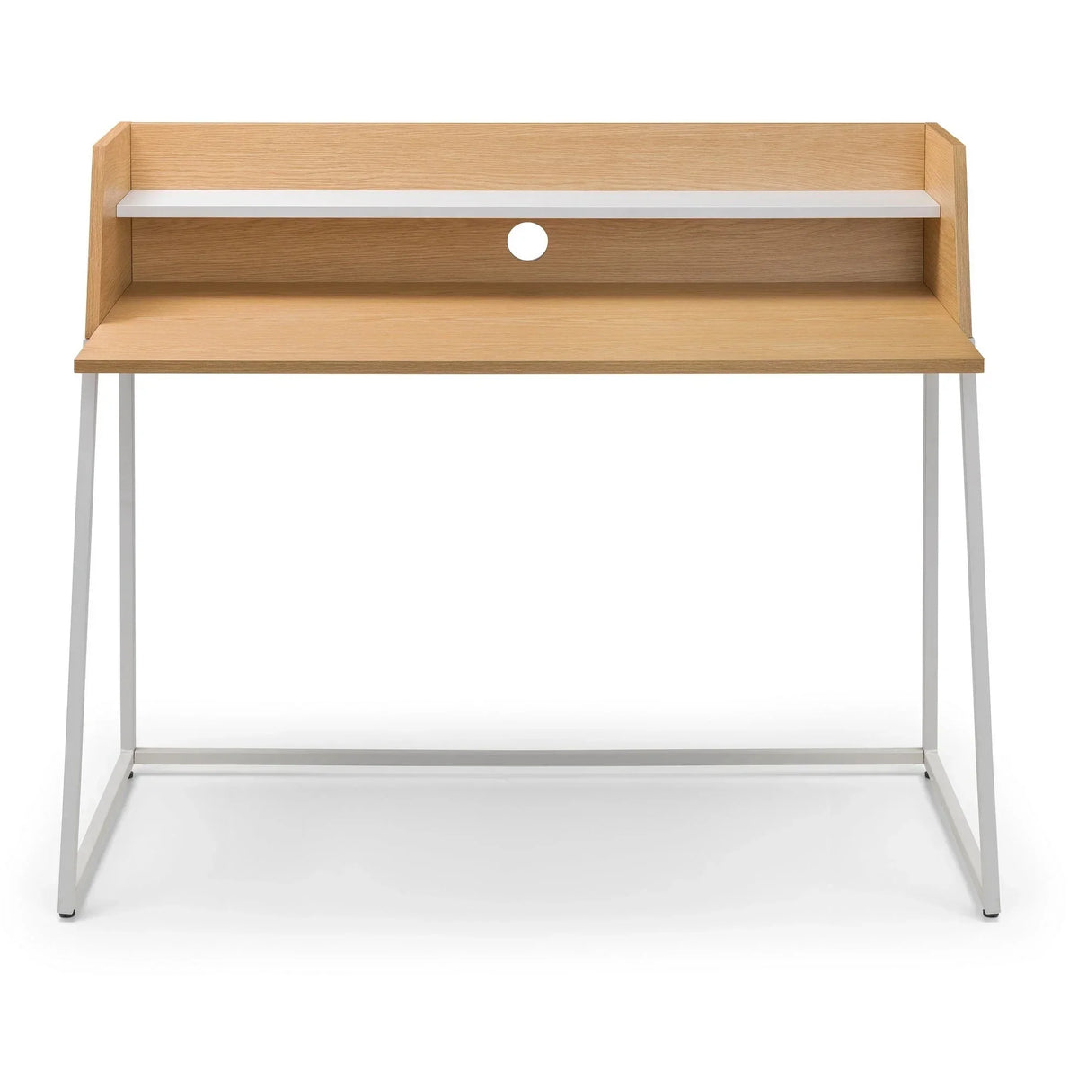 Oak wood desk with white metal legs and raised shelf, cable management hole on back panel