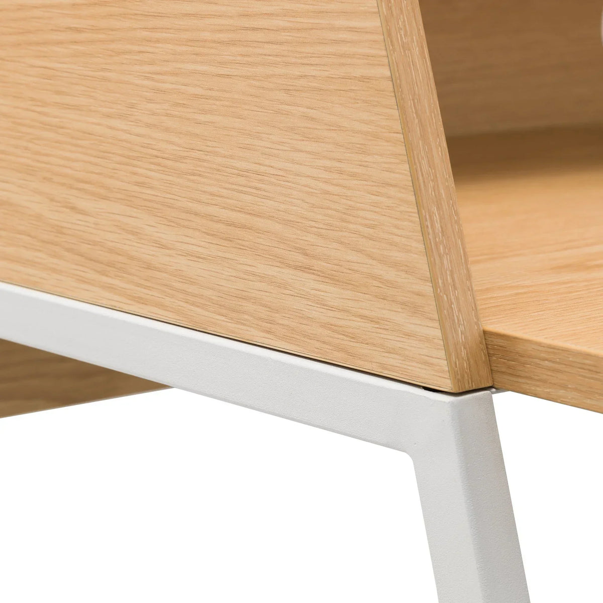 Oak wood furniture corner with white metal frame detail