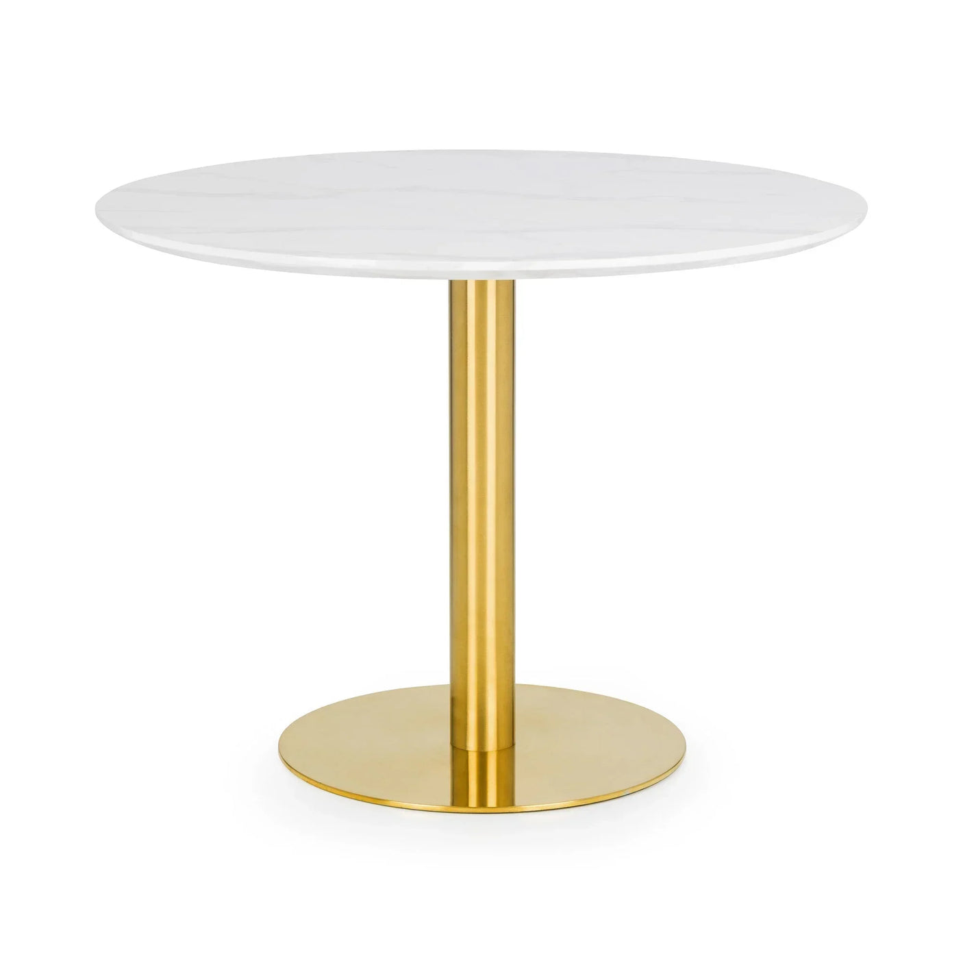 Round dining table with white marble top and gold pedestal base